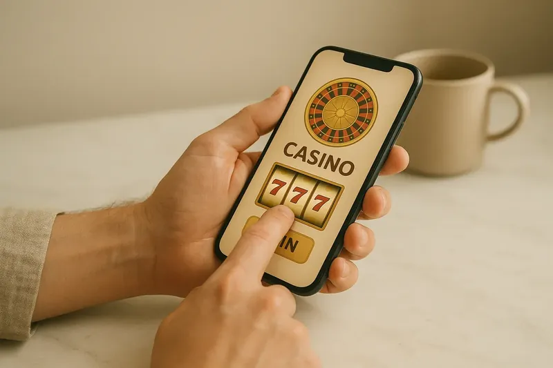 Man tapping mobile casino interface on phone at marble desk