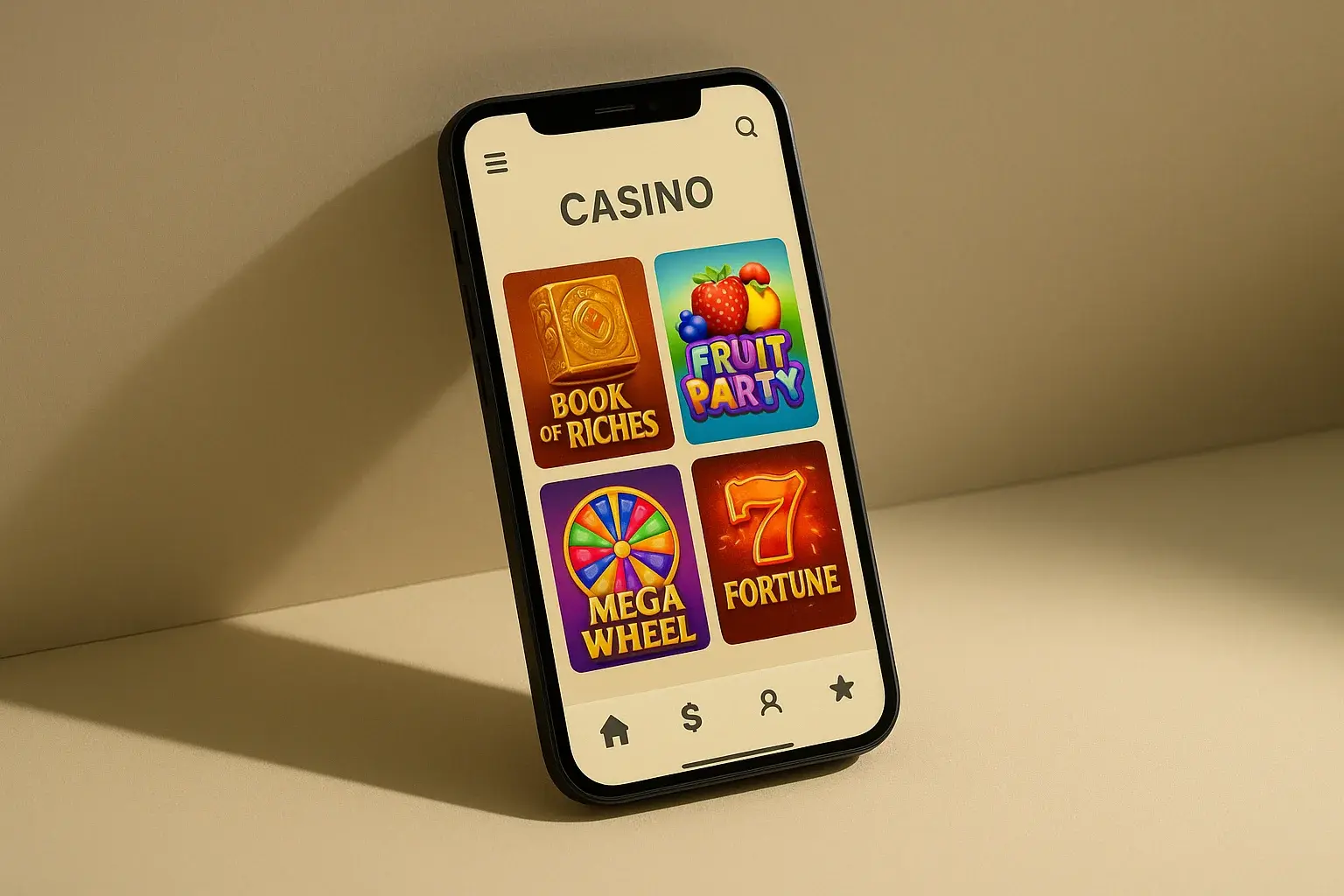 Casino App Display Smartphone showing light casino app interface on cream background