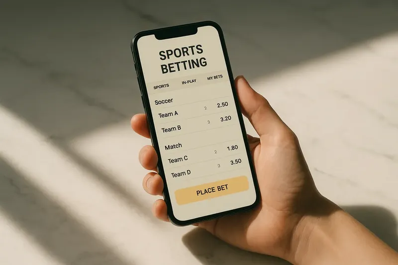 Hand holding smartphone showing sports betting odds on marble surface