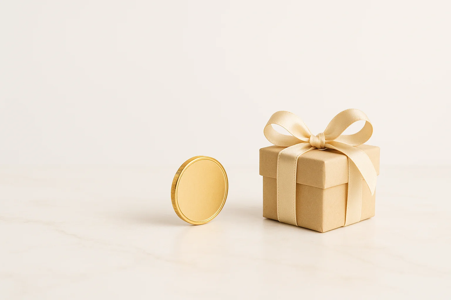 Minimalist Bonus Concept Single gold coin beside small unwrapped gift box on cream marble