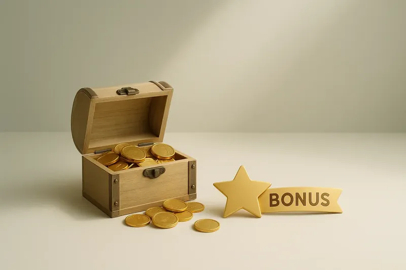 Open treasure box spilling gold coins with badge and bonus ribbon