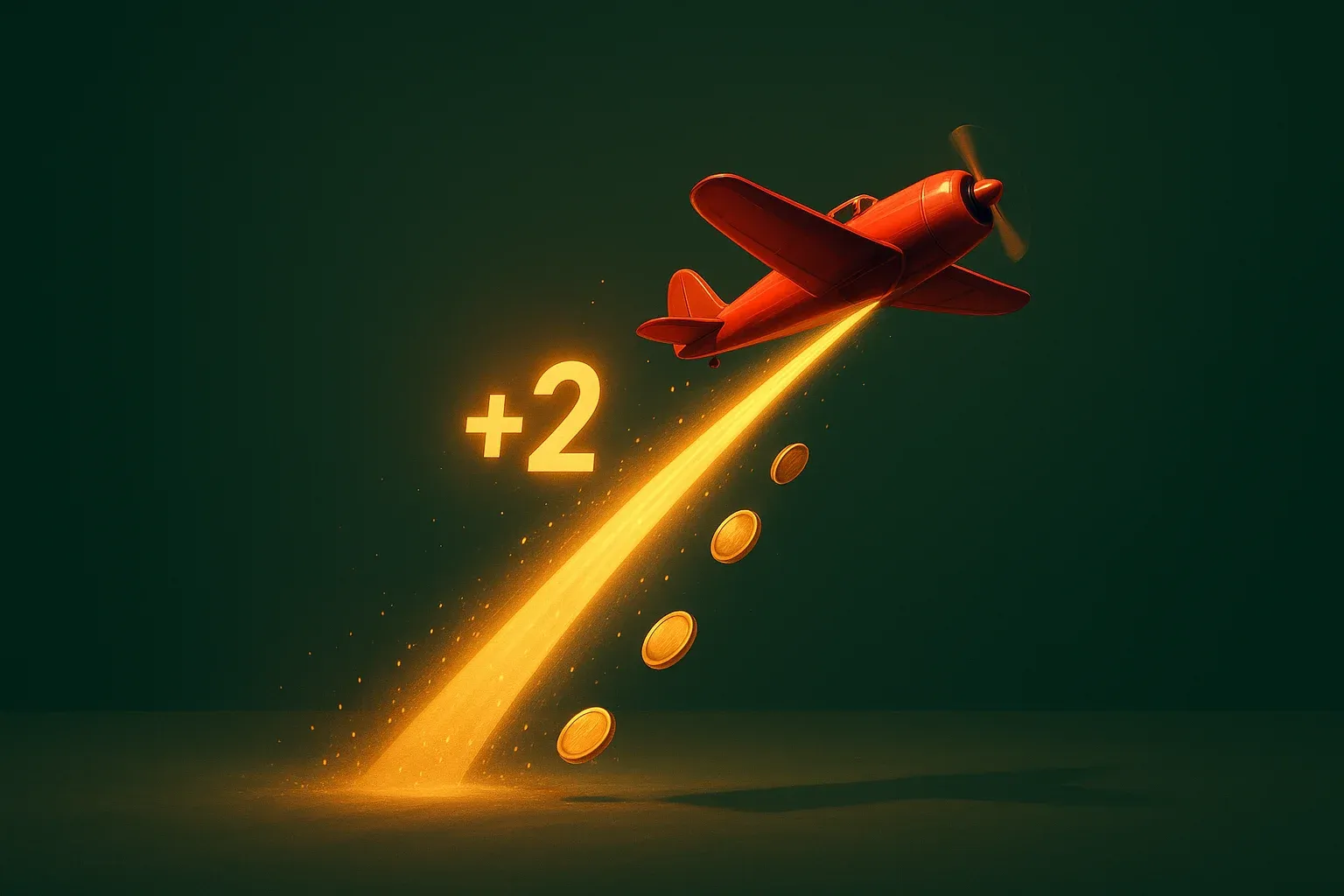 Aviator Crash Scene Red airplane climbing with glowing multiplier trail, coins, and sparks