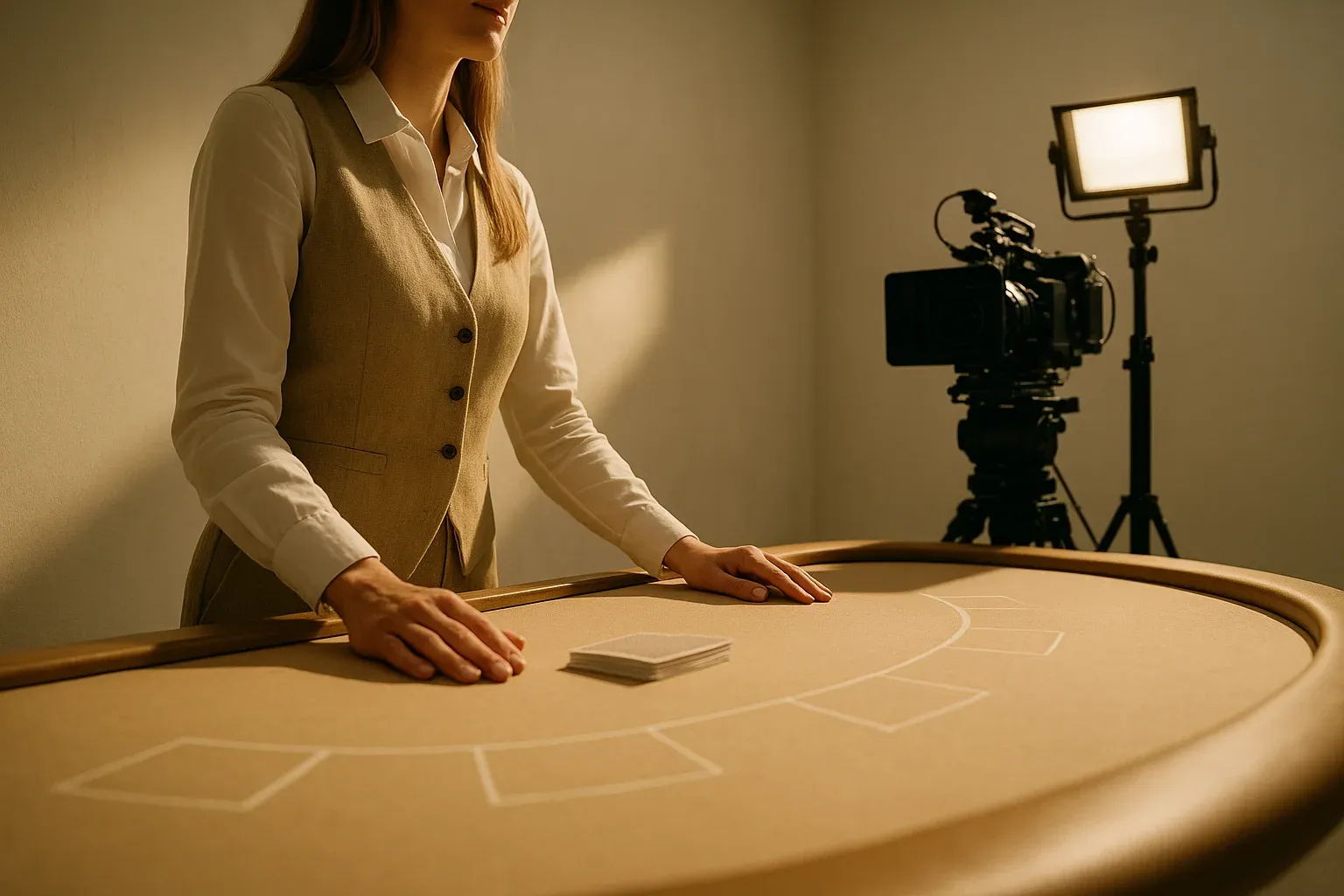Live Casino Studio Professional blackjack dealer in live casino studio with camera rig