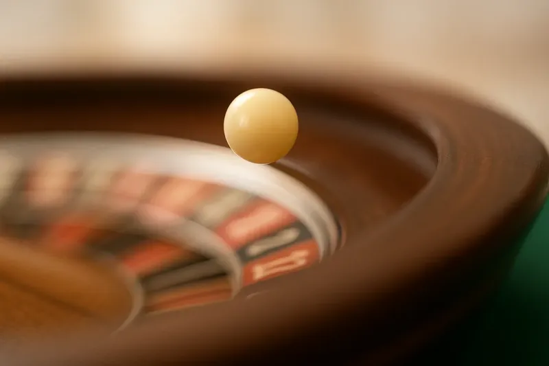 Roulette ball frozen mid-roll on wheel rim with blurred numbers