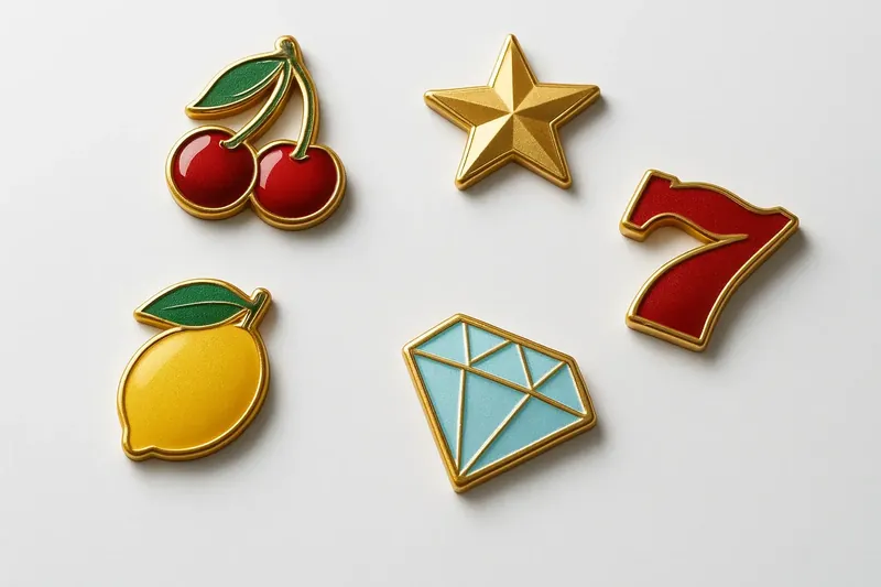 Assorted casino slot icons with fruit, diamonds, lucky sevens, and stars