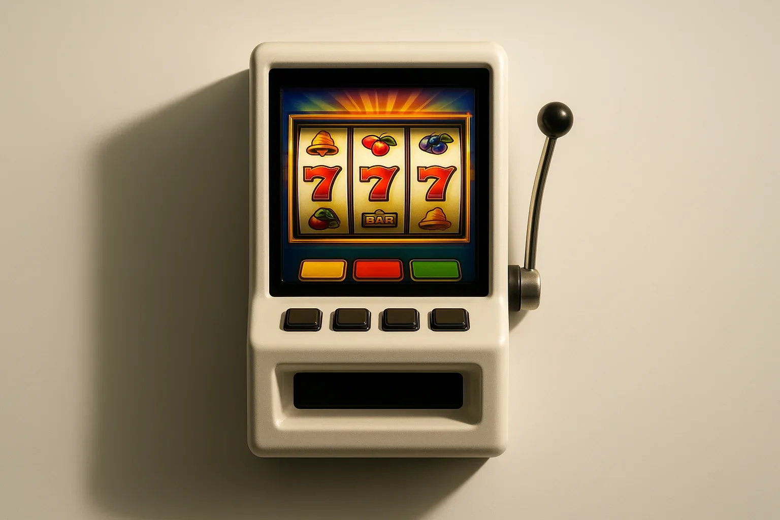 White studio shot of angled slot machine with vibrant game screen